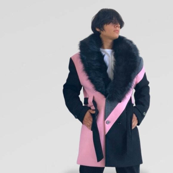 Men’s Pink | Grey | Black Double Breast Coat with Faux Fur NWT - Picture 1 of 9
